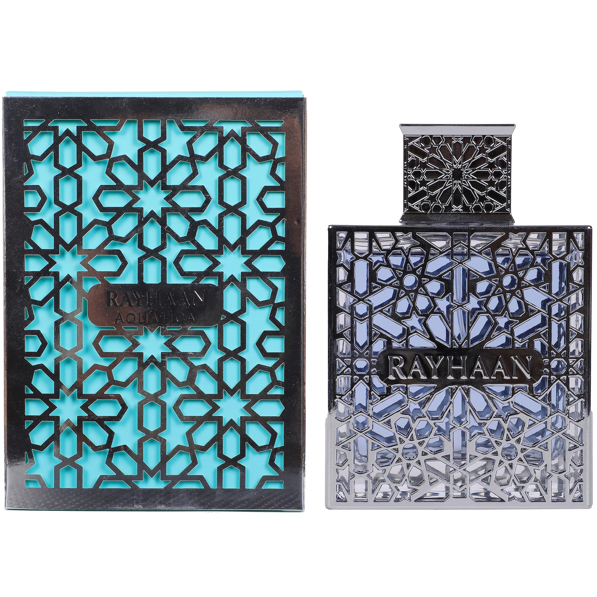 Rayhaan Aquatica 100ml long lasting summer perfume bottle standing upright on a clean surface