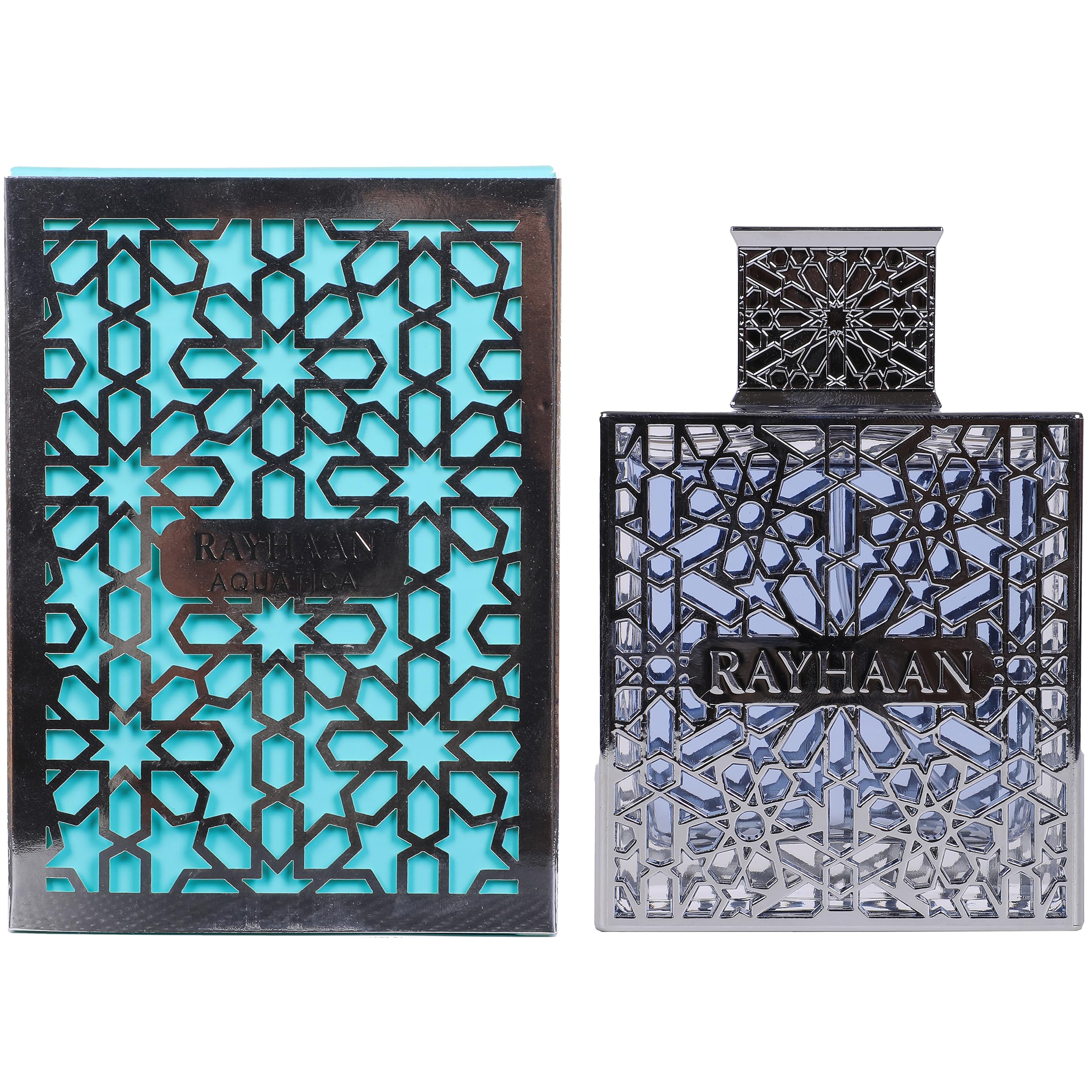 Rayhaan Aquatica 100ml long lasting summer perfume bottle standing upright on a clean surface