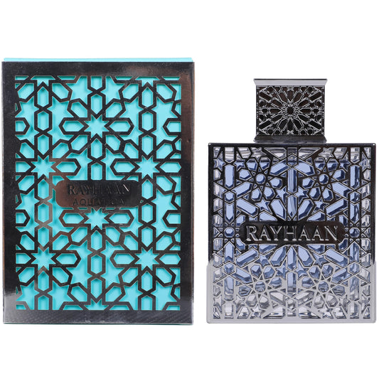 Rayhaan Aquatica 100ml long lasting summer perfume bottle standing upright on a clean surface