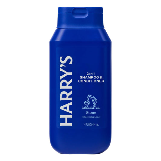 Harry's Stone shampoo and conditioner bottle close up