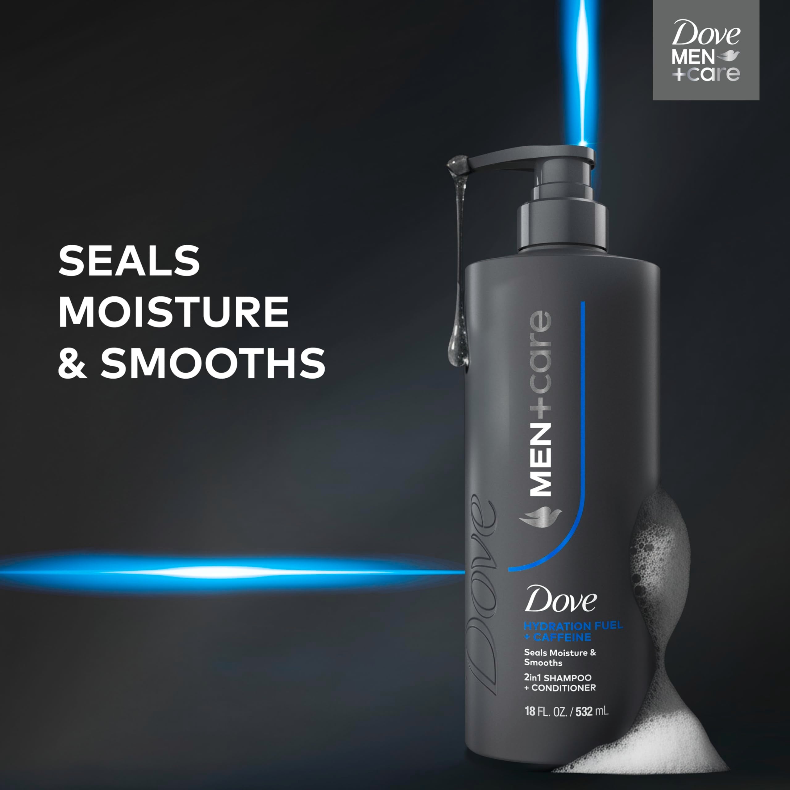 Back view of Dove Men Plus Care Hydration Fuel shampoo packaging