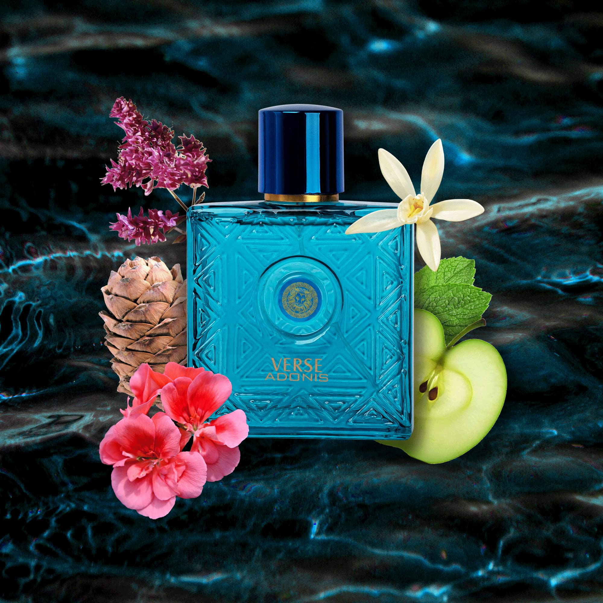 NovoGlow Verse Adonis masculine fragrance display bottle with clear view of the branding.