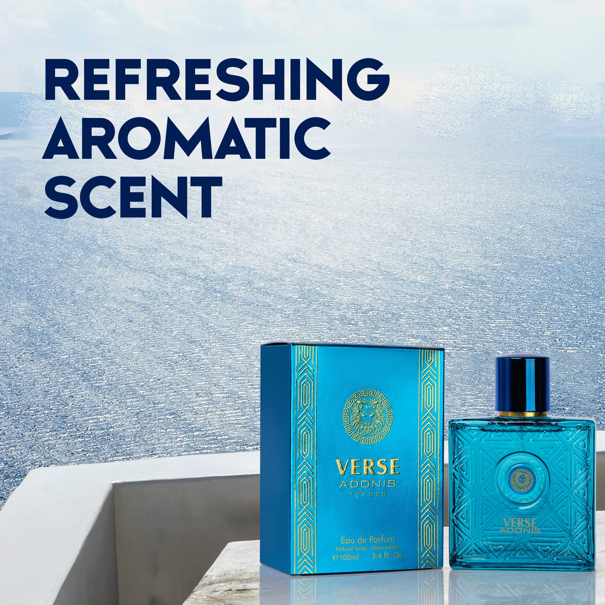 Imported NovoGlow Verse Adonis men perfume bottle showcases the woody floral fragrance details.