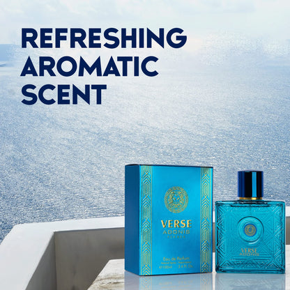Imported NovoGlow Verse Adonis men perfume bottle showcases the woody floral fragrance details.
