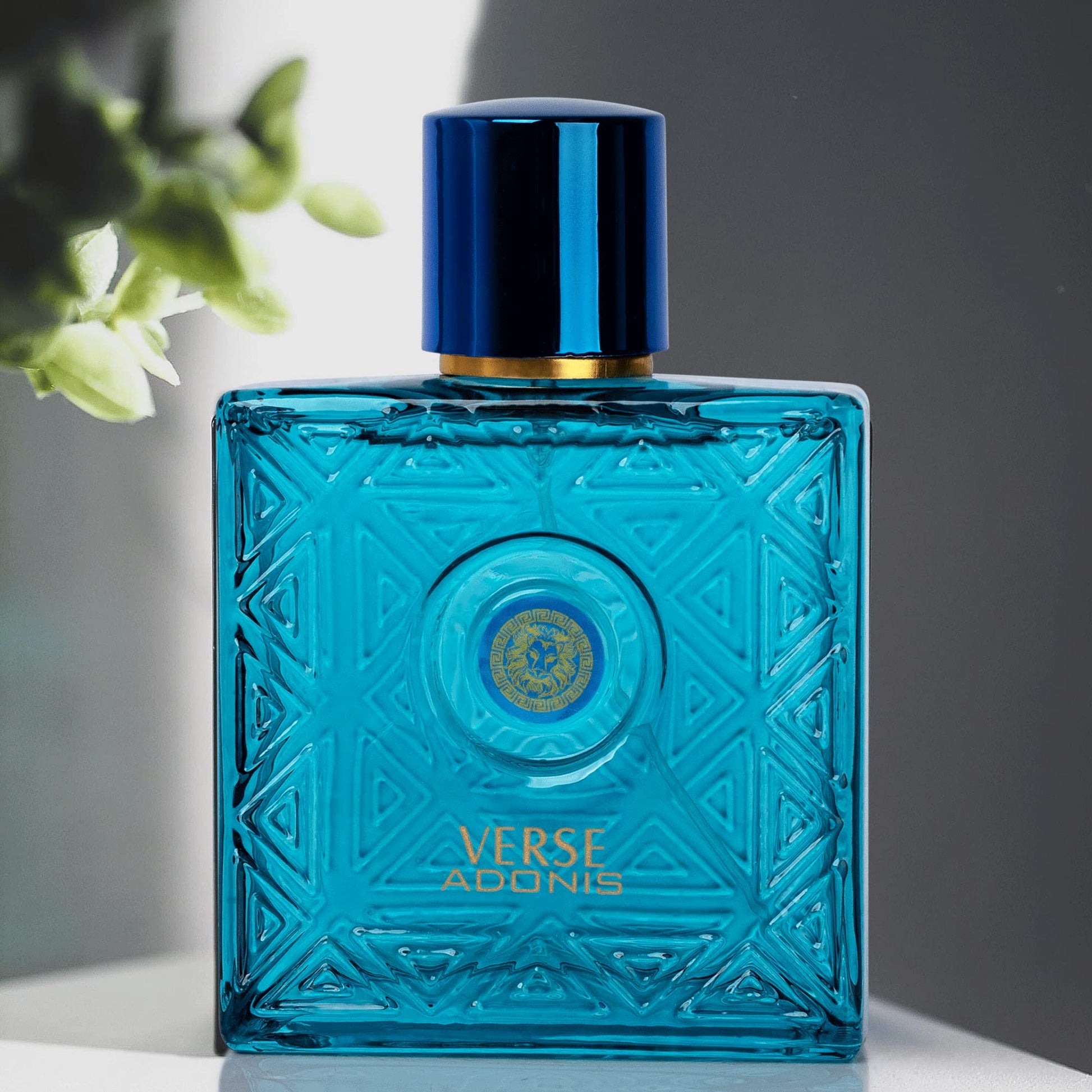 Side angle profile of NovoGlow Verse Adonis 3.4 Fluid Ounce bottle highlighting the design.