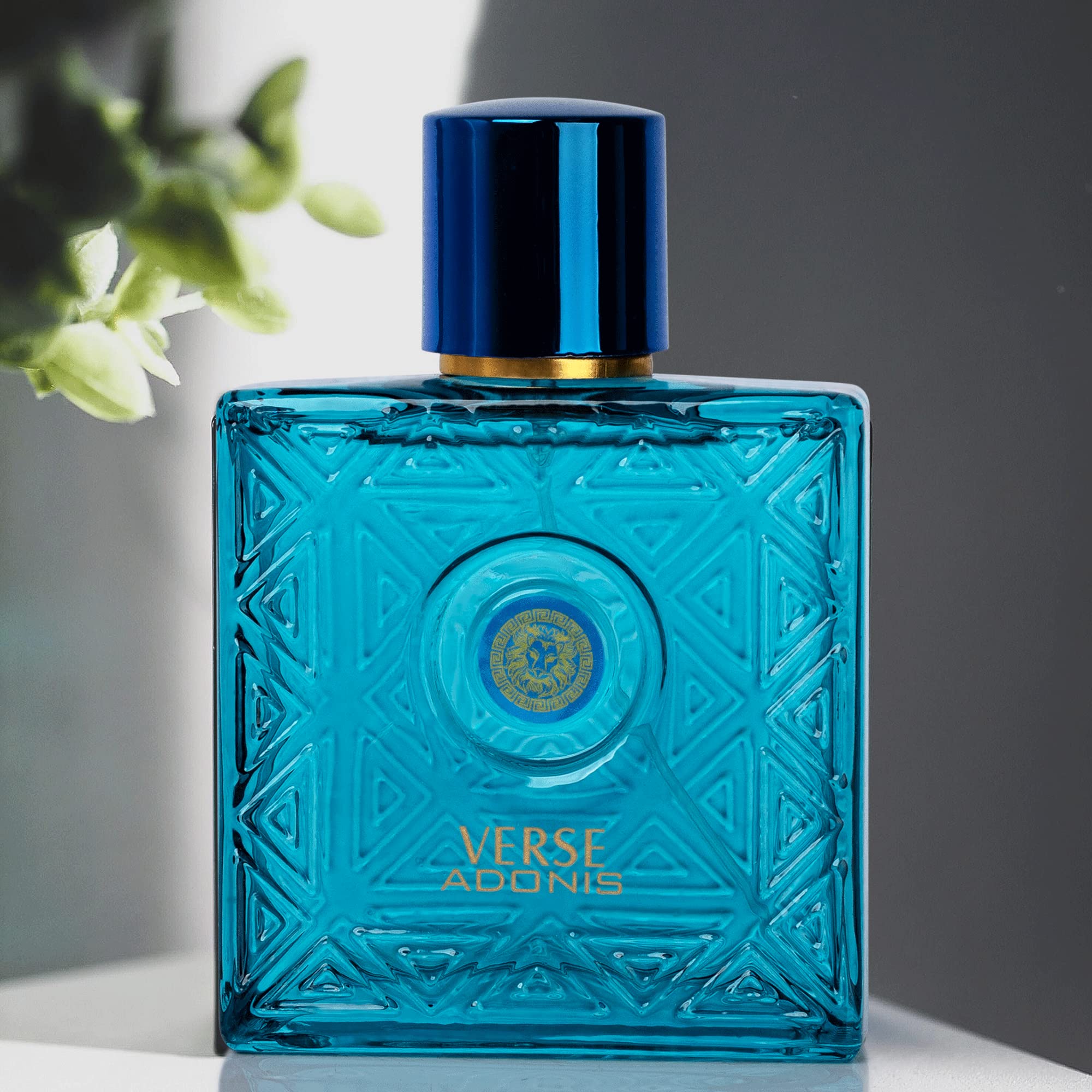 Side angle profile of NovoGlow Verse Adonis 3.4 Fluid Ounce bottle highlighting the design.