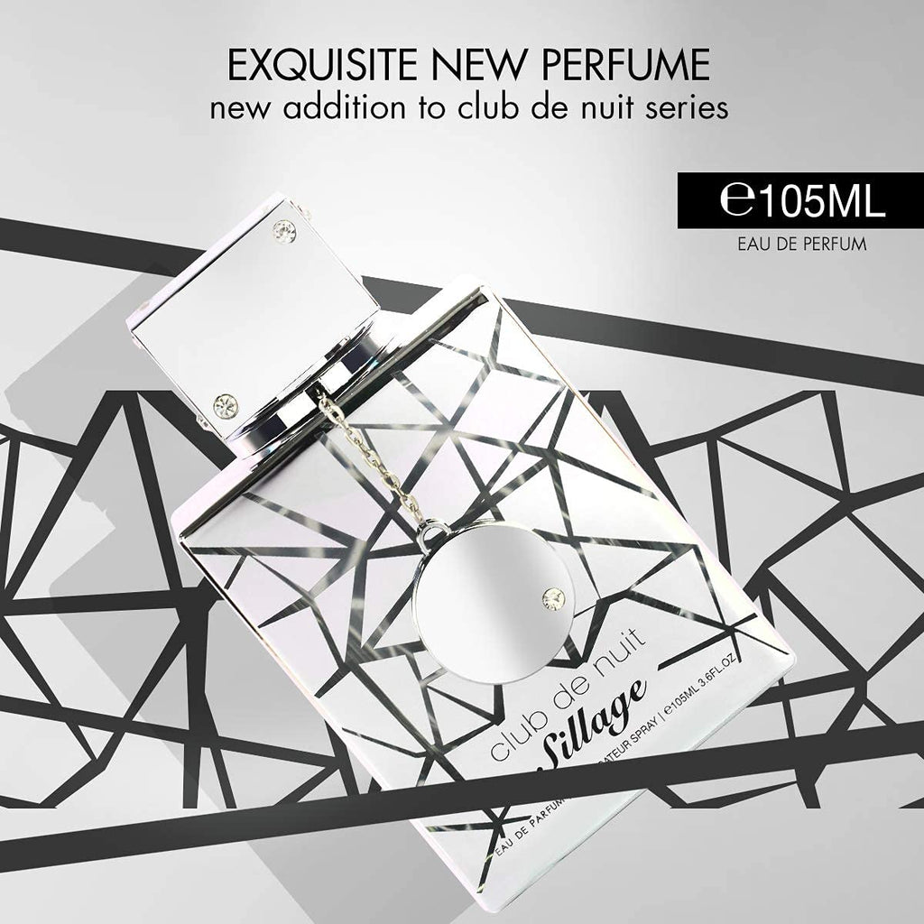 Close up view of the silver metallic embossed branding on Armaf Club De Nuit Sillage perfume
