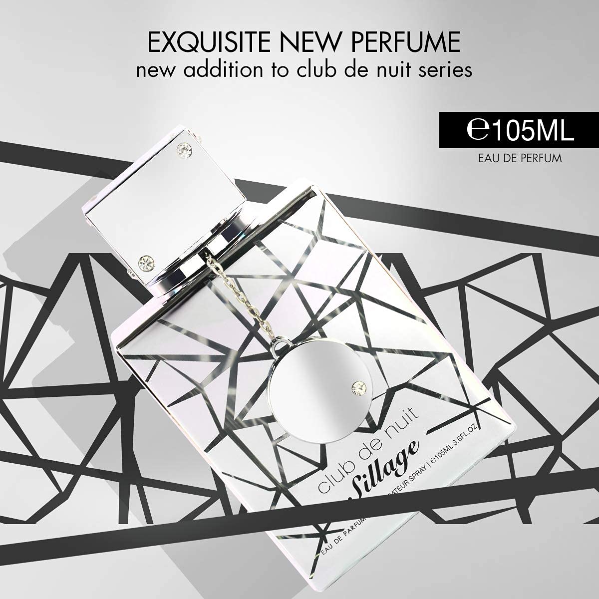 Close up view of the silver metallic embossed branding on Armaf Club De Nuit Sillage perfume