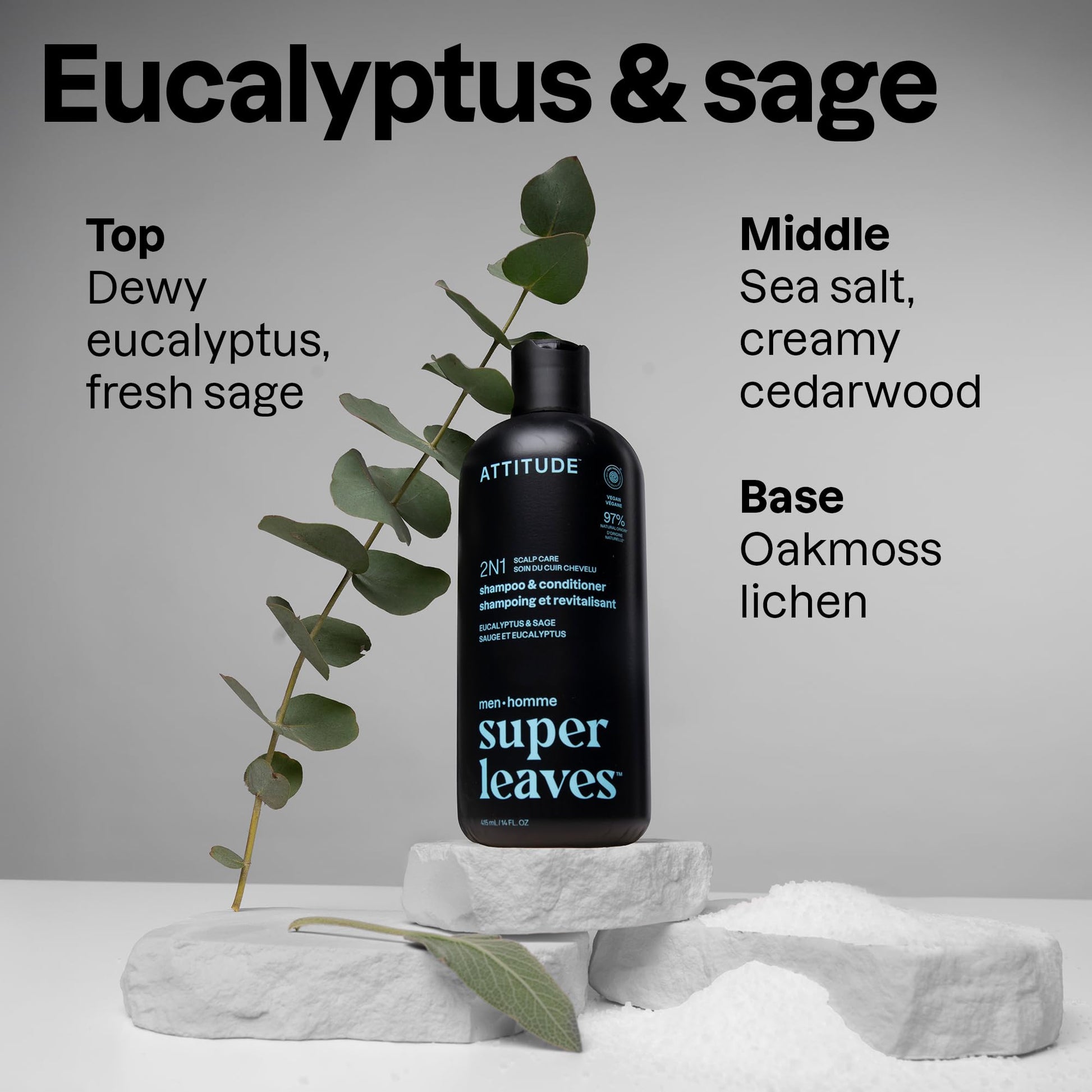 Back view of Attitude Men 2-in-1 shampoo bottle with ingredient list