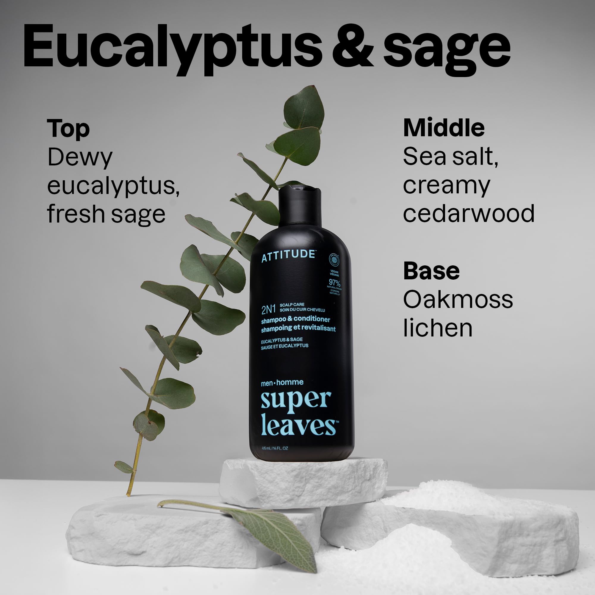 Back view of Attitude Men 2-in-1 shampoo bottle with ingredient list