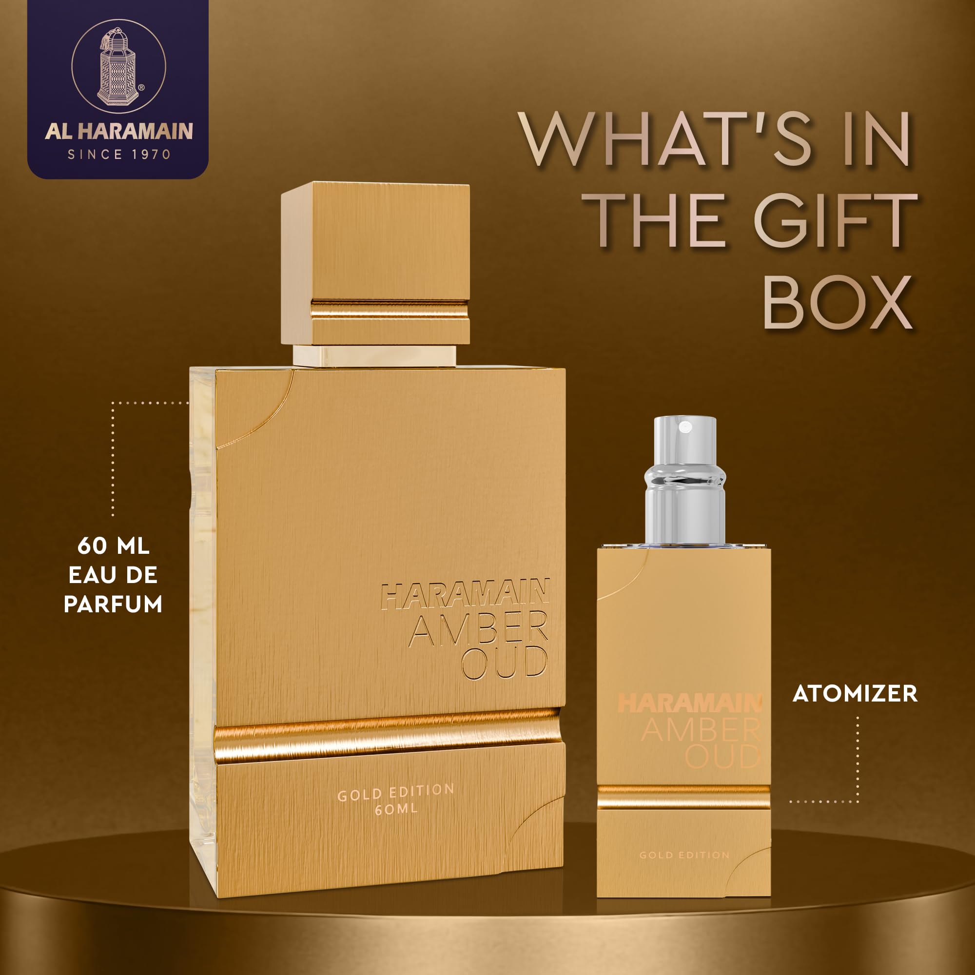 Al Haramain Amber Oud Gold Edition Arabic perfume bottle standing upright next to its luxury display box.