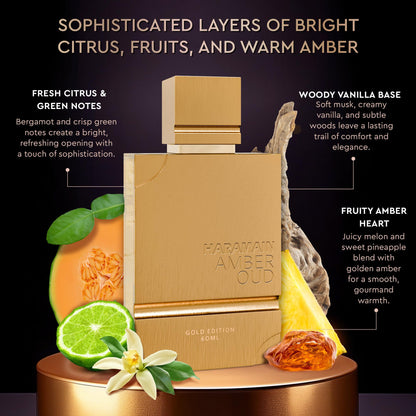 Unisex Al Haramain Amber Oud Gold Edition 60ml bottle paired with the refillable travel atomizer accessory.