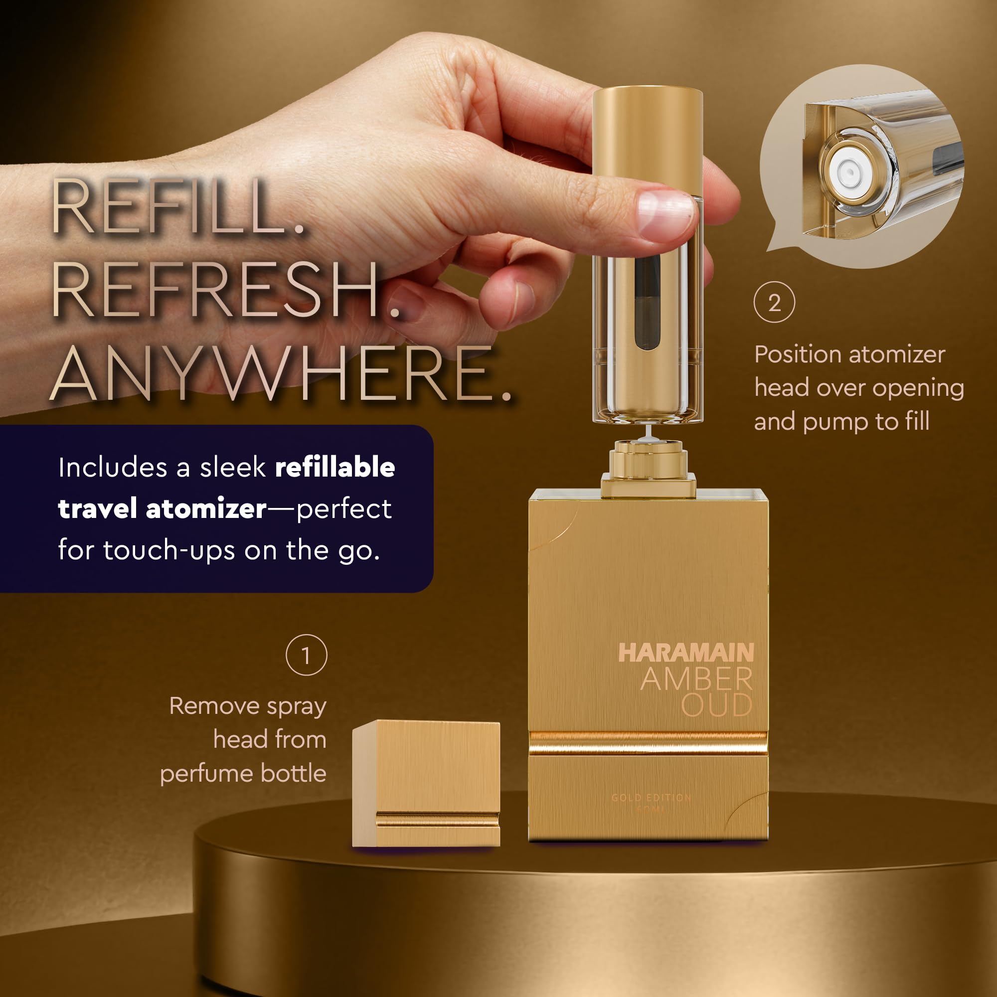 Al Haramain Amber Oud Gold Edition packaging set highlighting the travel-size portable cologne atomizer.