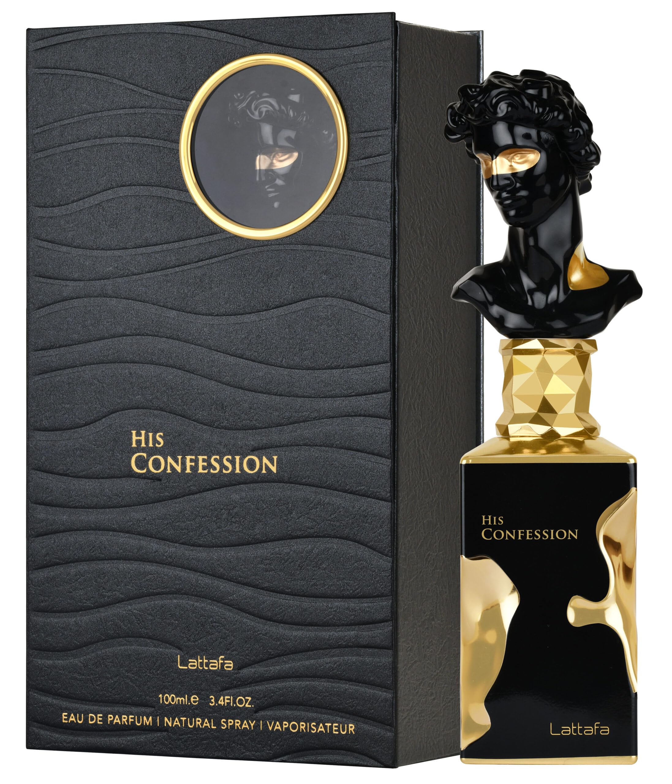 Lattafa His Confession for Men luxury packaging box showcasing authentic branding details and design