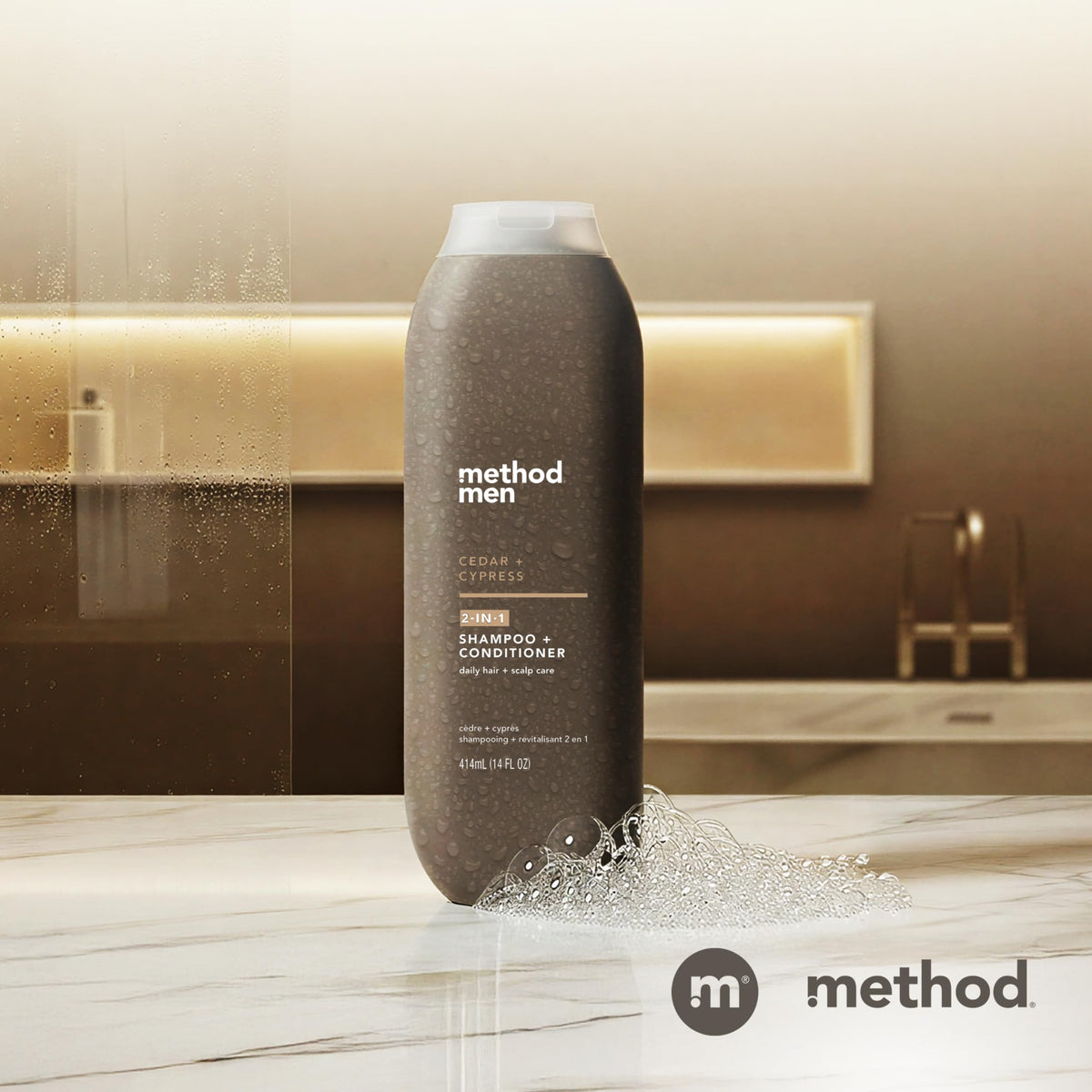 Side profile of Method Men hydrating shampoo and conditioner bottle