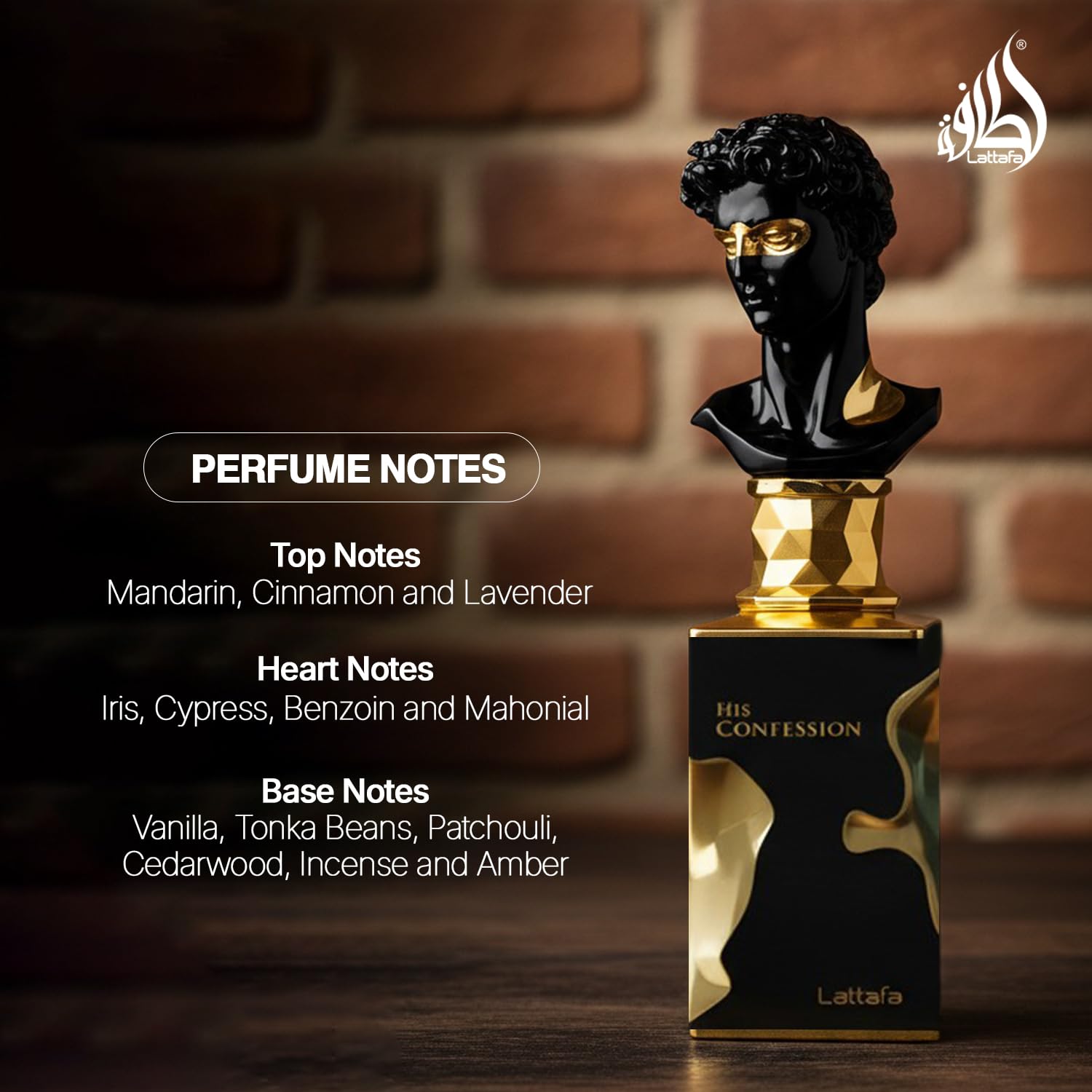 Close up view of the unique statue inspired bust cap on the Lattafa His Confession perfume bottle