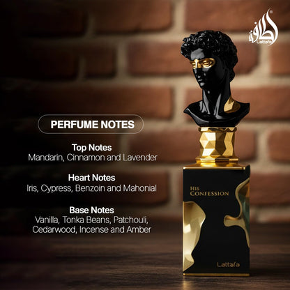 Close up view of the unique statue inspired bust cap on the Lattafa His Confession perfume bottle