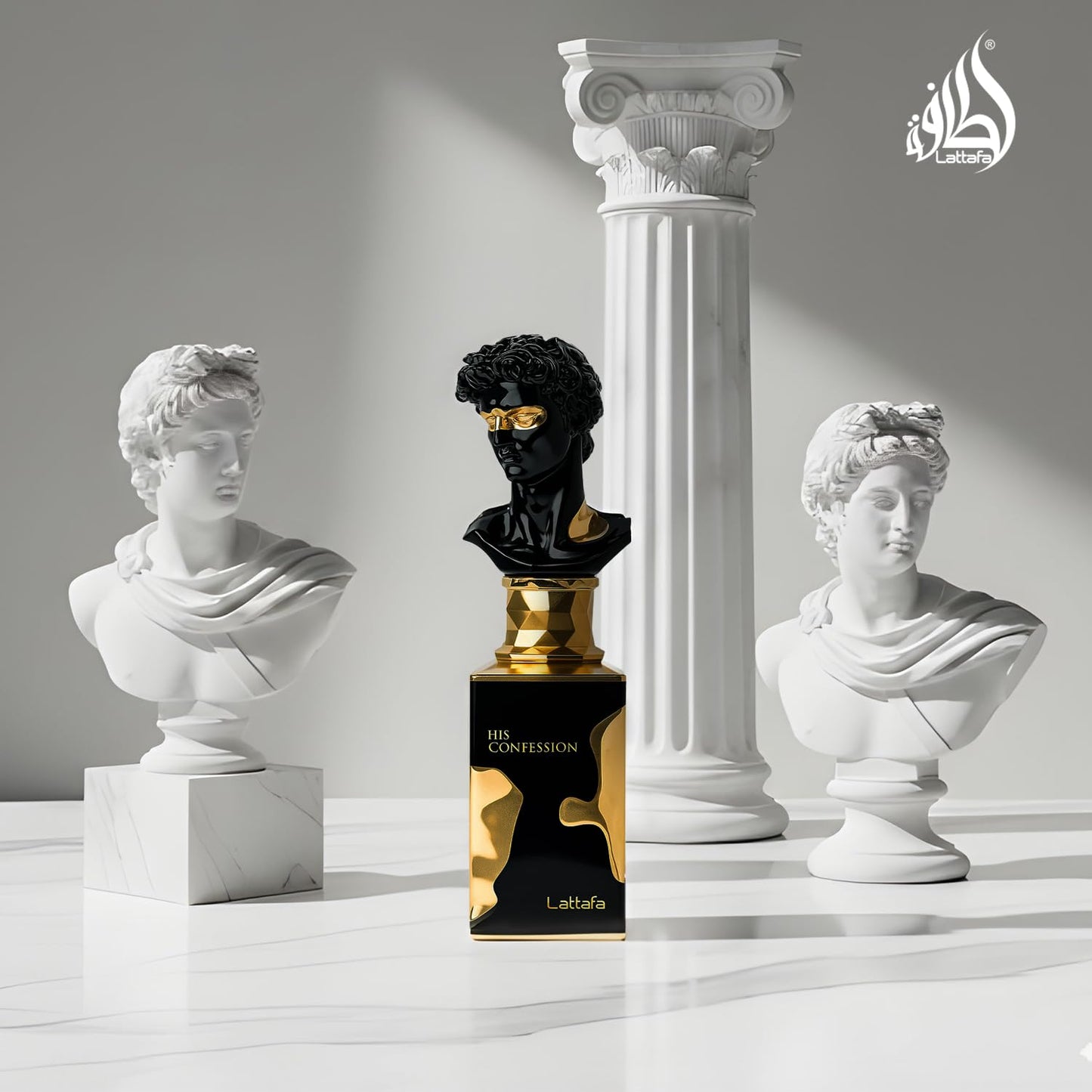 Side angle shot of the sleek 100 Millilitres glass bottle containing Lattafa His Confession fragrance