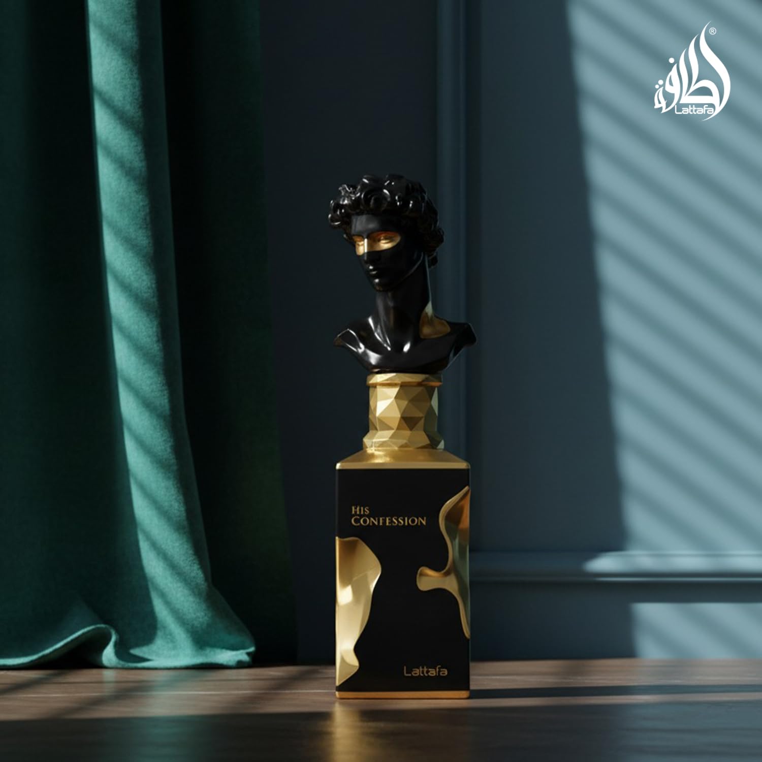 Lattafa His Confession Eau De Parfum bottle displayed elegantly next to its original presentation box