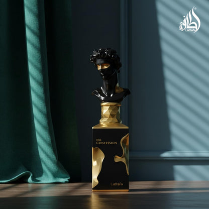 Lattafa His Confession Eau De Parfum bottle displayed elegantly next to its original presentation box