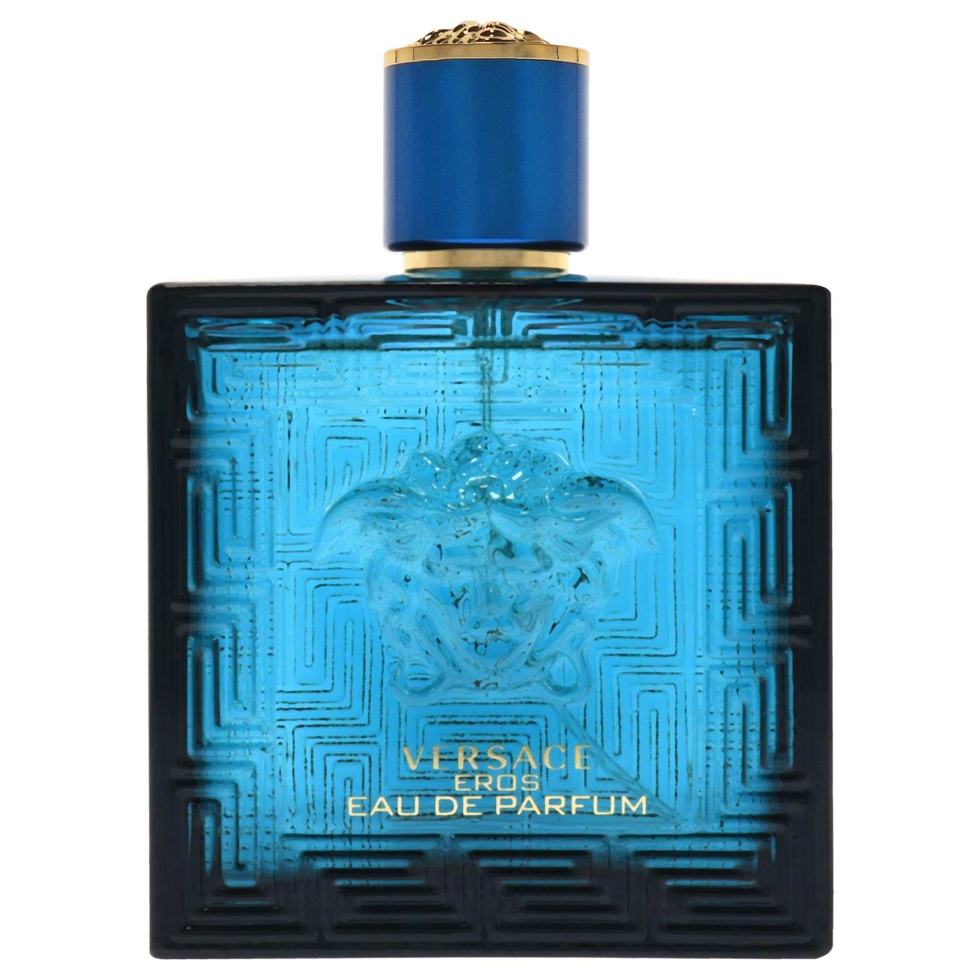 Side angle of Versace Eros Pour Homme fragrance bottle showcasing the embossed Medusa logo