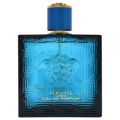 Side angle of Versace Eros Pour Homme fragrance bottle showcasing the embossed Medusa logo