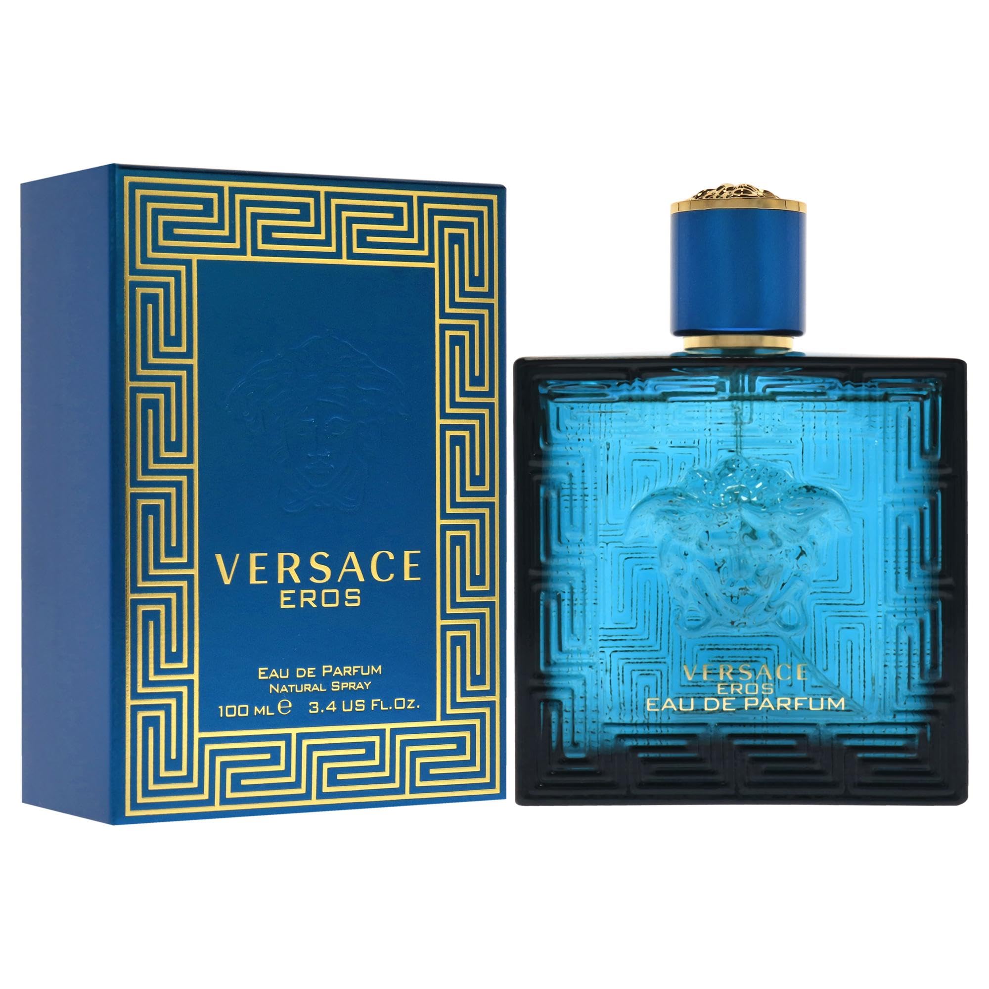 Close up of the Greek key pattern detail on the luxury Versace Eros perfume packaging