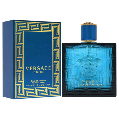 Close up of the Greek key pattern detail on the luxury Versace Eros perfume packaging