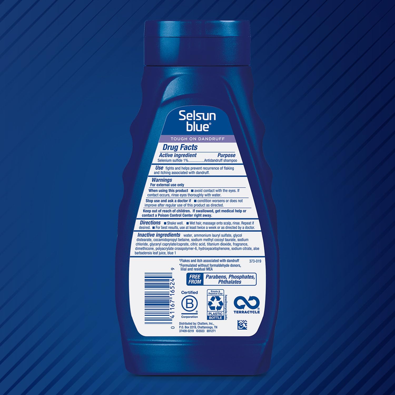 Selsun Blue maximum strength 11 ounce dandruff shampoo bottle label