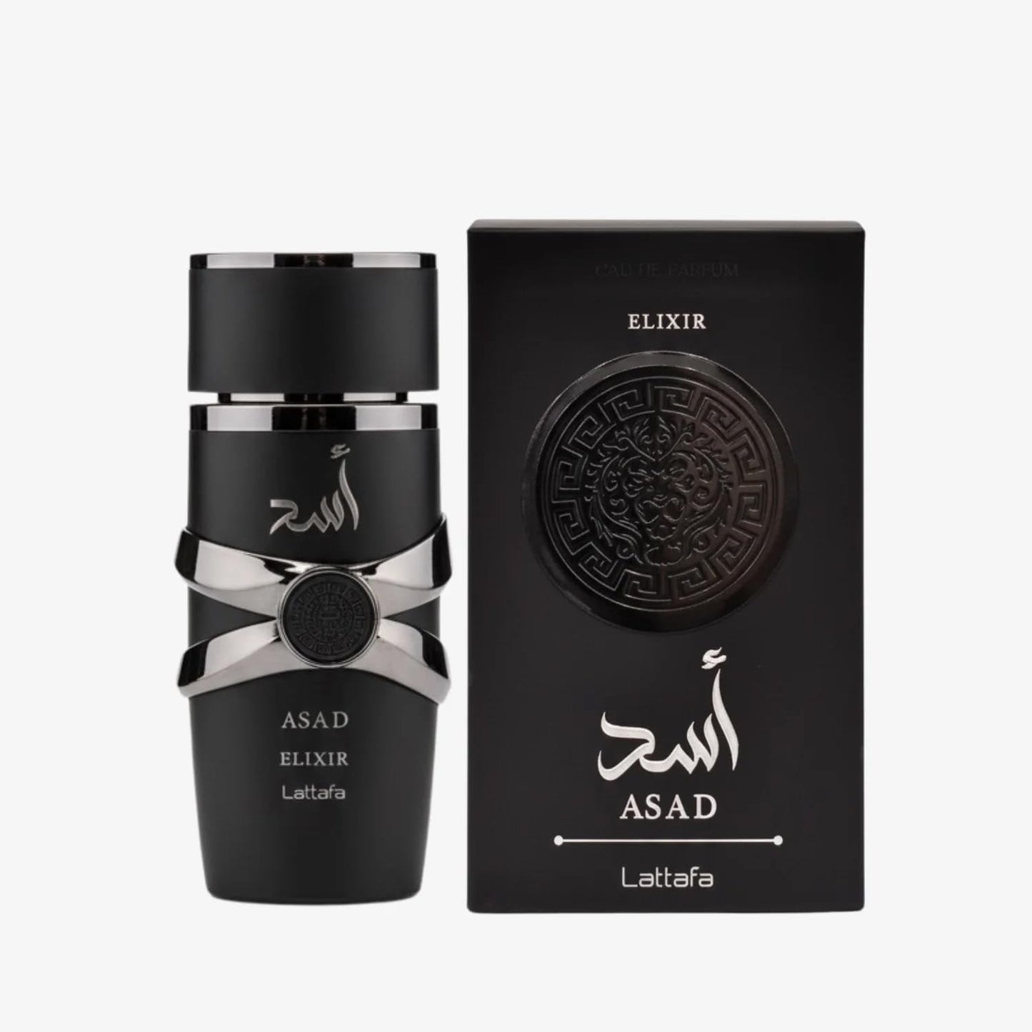 Lattafa Asad Elixir luxury perfume spray bottle showing the unique texture and gold accents