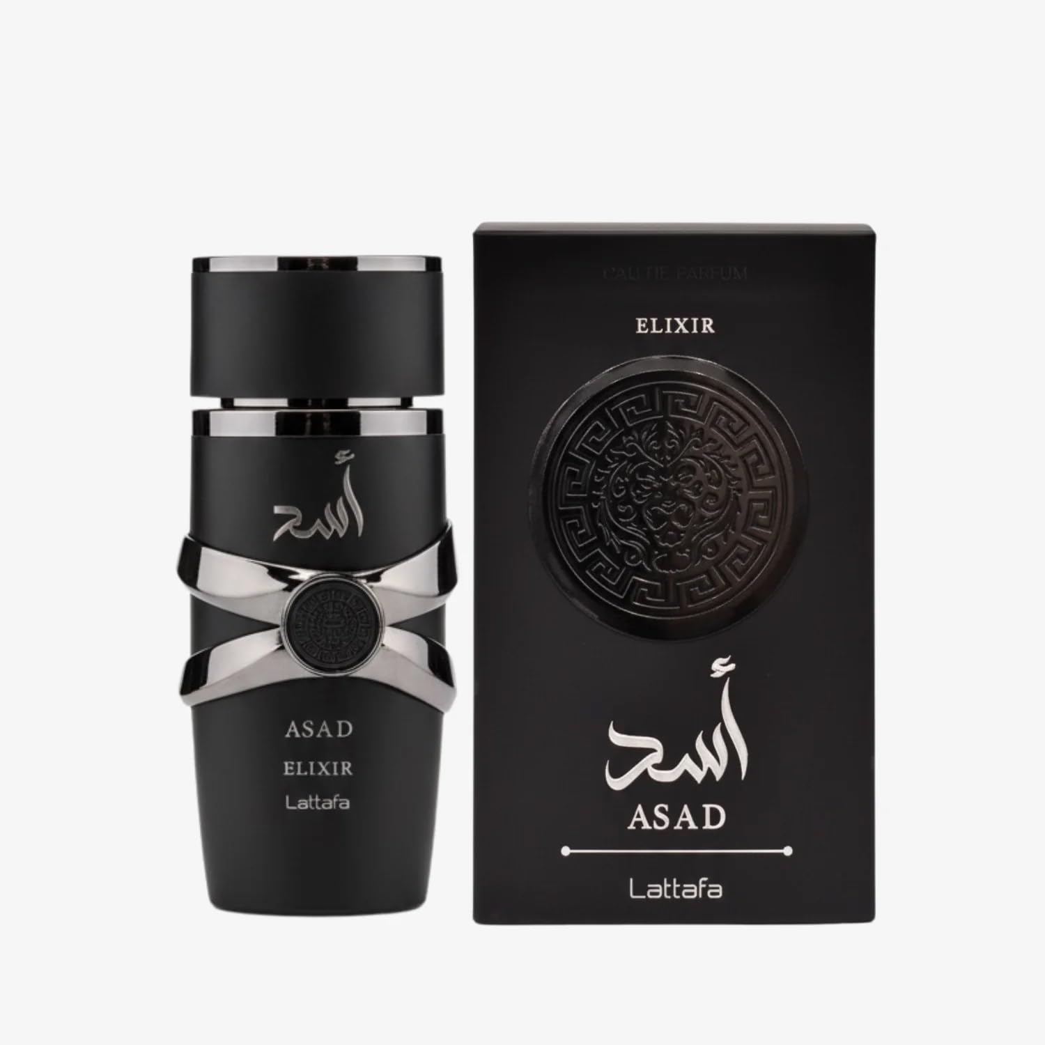 Lattafa Asad Elixir luxury perfume spray bottle showing the unique texture and gold accents