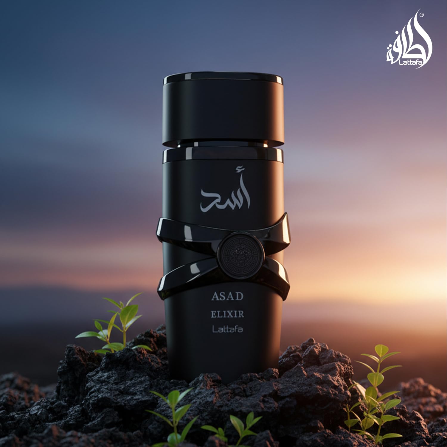 Lattafa Asad Elixir spicy and woody fragrance spray bottle unboxed on a clean surface