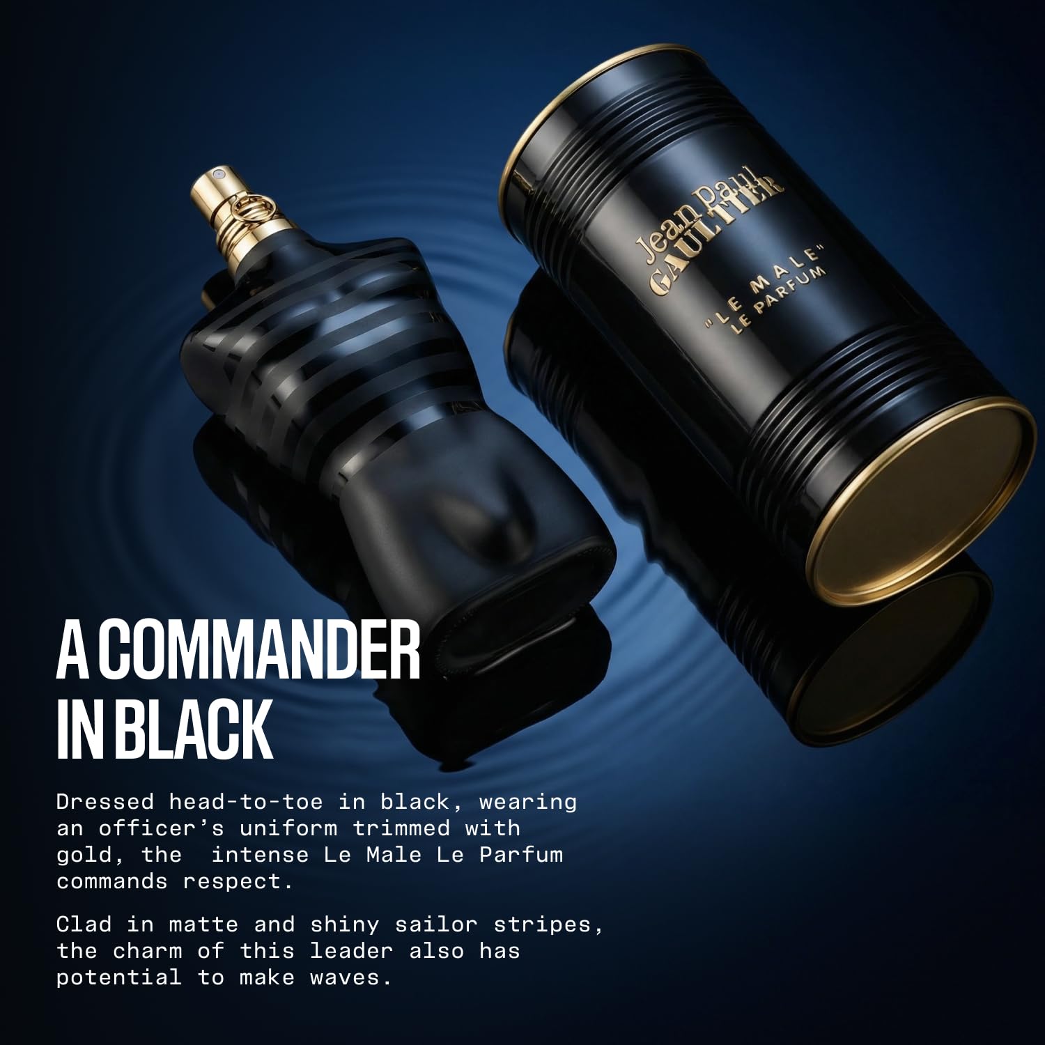 Close-up view of the golden sprayer and officer jacket detailing on the Jean Paul Gaultier Le Male Le Parfum bottle.