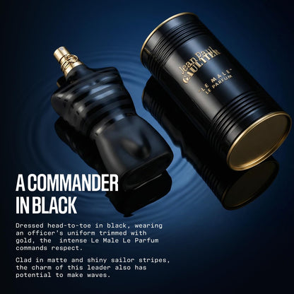 Close-up view of the golden sprayer and officer jacket detailing on the Jean Paul Gaultier Le Male Le Parfum bottle.