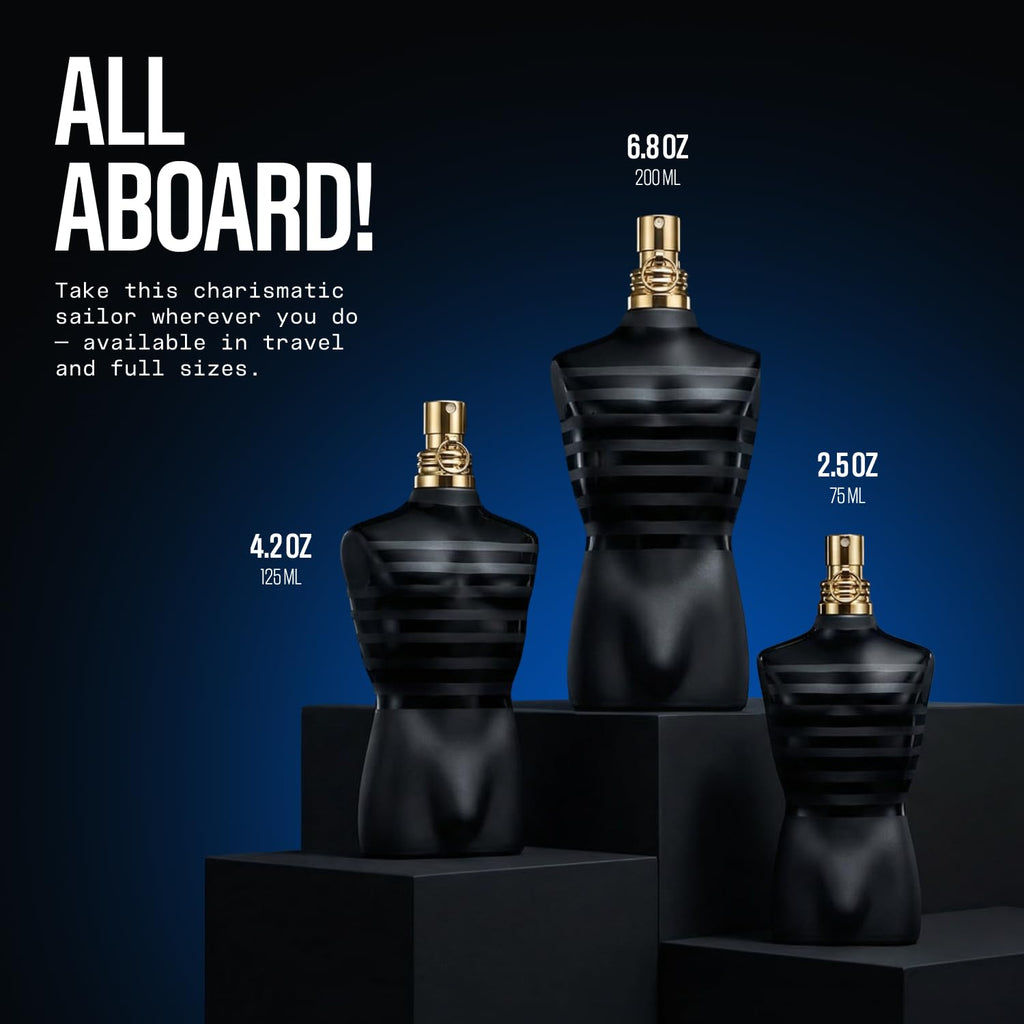 Jean Paul Gaultier Le Male Le Parfum 75ml bottle unboxed on a clean reflective surface.