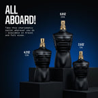 Jean Paul Gaultier Le Male Le Parfum 75ml bottle unboxed on a clean reflective surface.