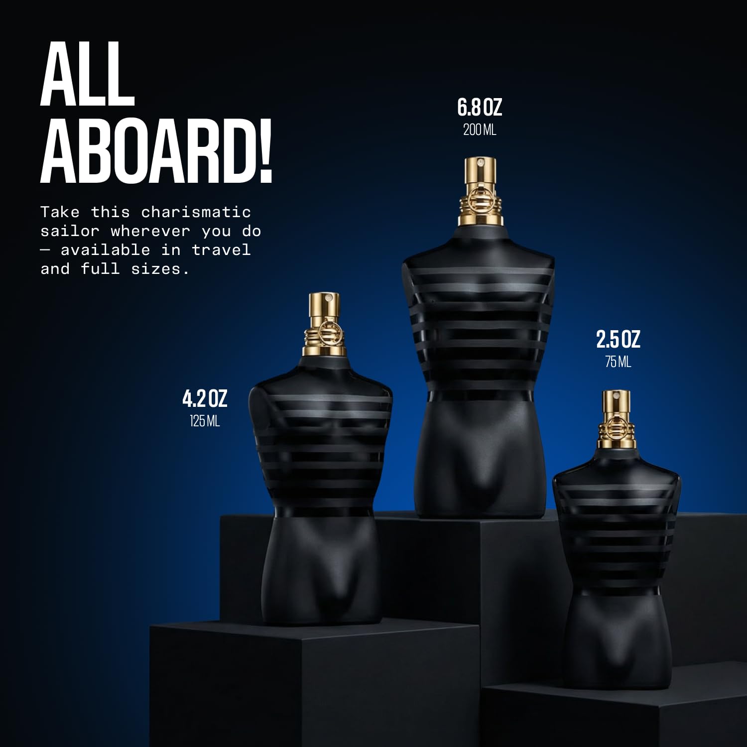 Jean Paul Gaultier Le Male Le Parfum 75ml bottle unboxed on a clean reflective surface.