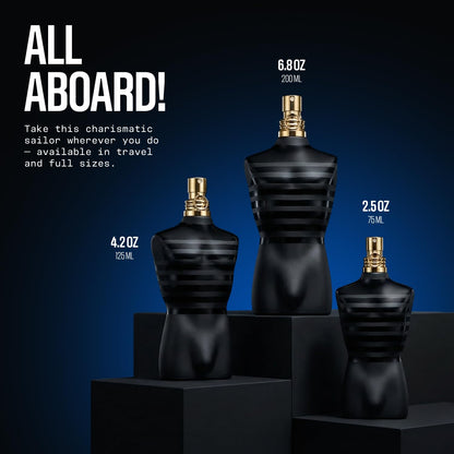 Jean Paul Gaultier Le Male Le Parfum 75ml bottle unboxed on a clean reflective surface.