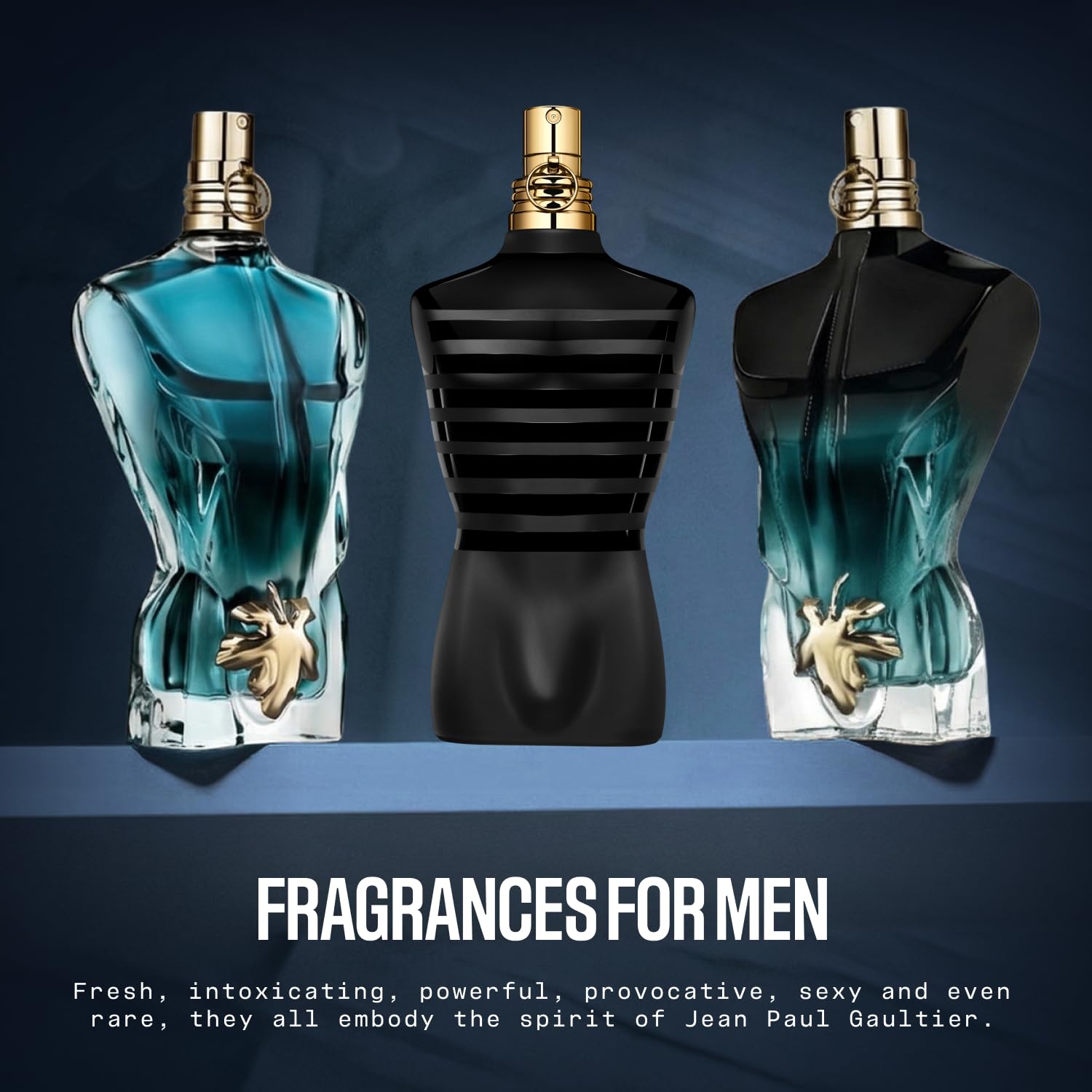 Side view of the iconic masculine silhouette bottle of Jean Paul Gaultier Le Male Le Parfum.