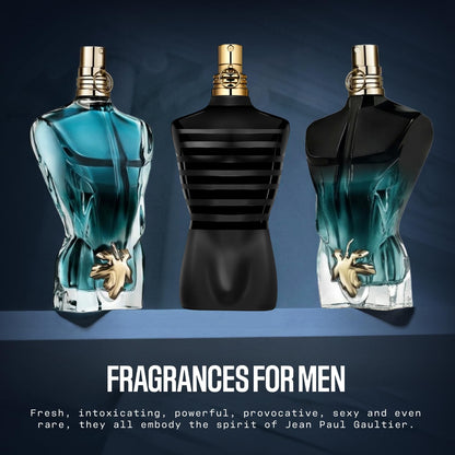 Side view of the iconic masculine silhouette bottle of Jean Paul Gaultier Le Male Le Parfum.