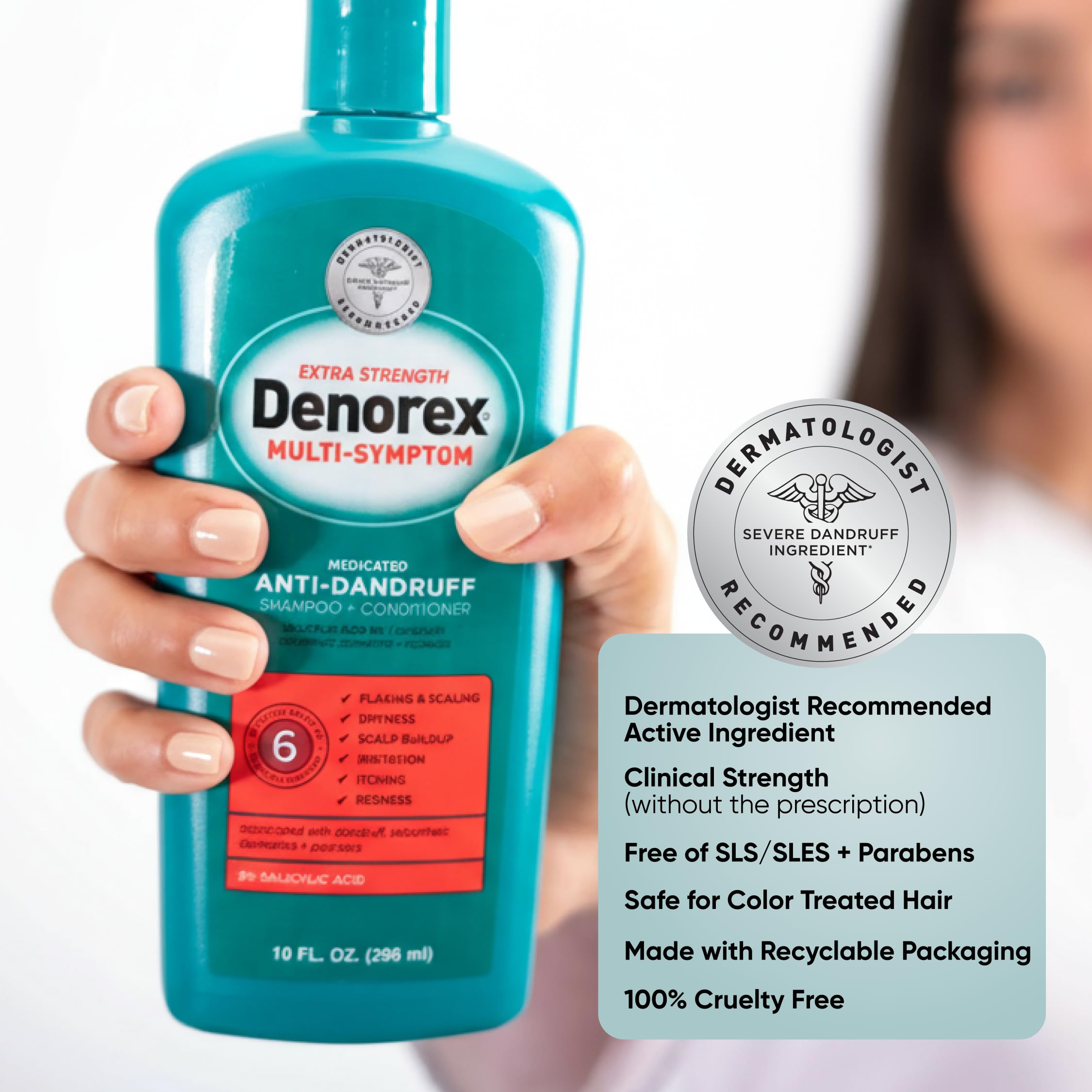 Close up of Denorex 10 fluid ounce medicated shampoo bottle