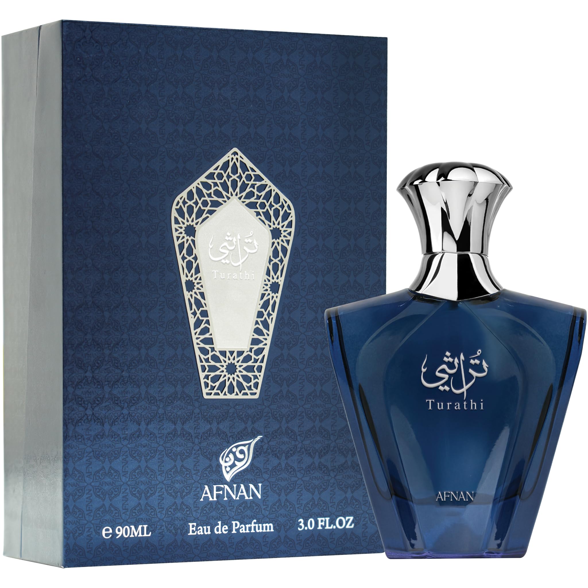 Authentic Afnan Turathi Blue premium outer packaging box detailing ingredients