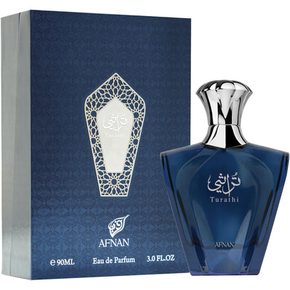 Authentic Afnan Turathi Blue premium outer packaging box detailing ingredients