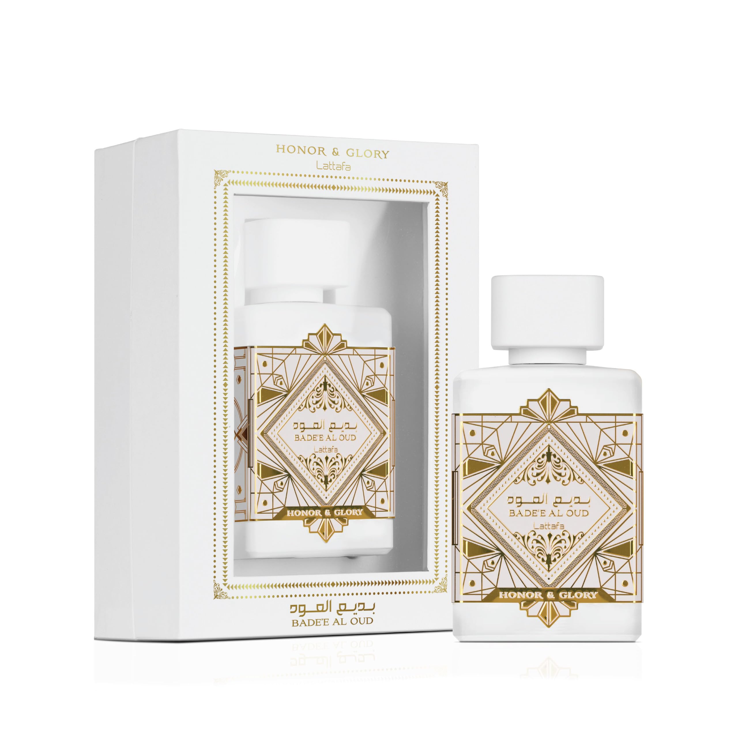 Lattafa Honor And Glory long lasting Arabic perfume bottle with elegant white and gold details