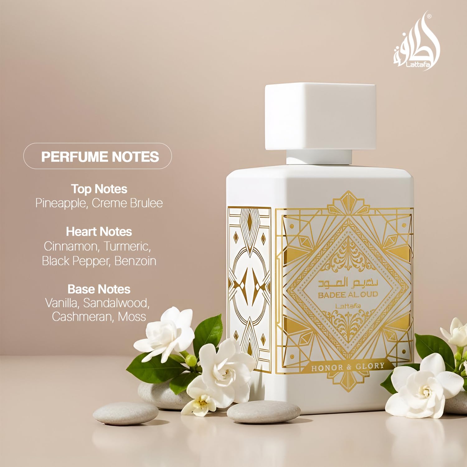 Lattafa Badee Al Oud 100ml Eau De Parfum display highlighting its luxury packaging box