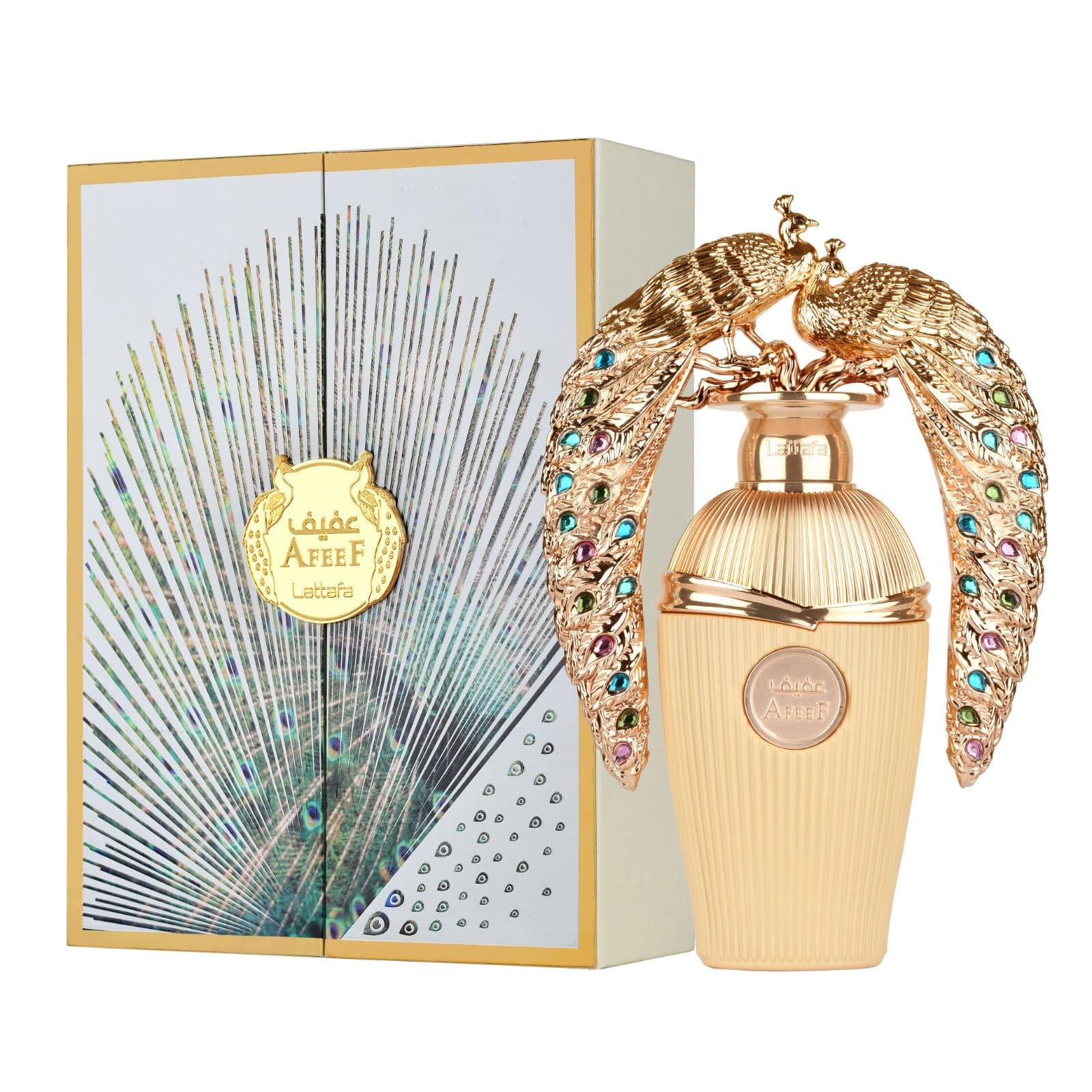 Authentic long lasting Arabian unisex perfume spray bottle showing the premium gold details and note profile.