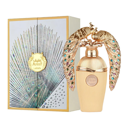 Authentic long lasting Arabian unisex perfume spray bottle showing the premium gold details and note profile.