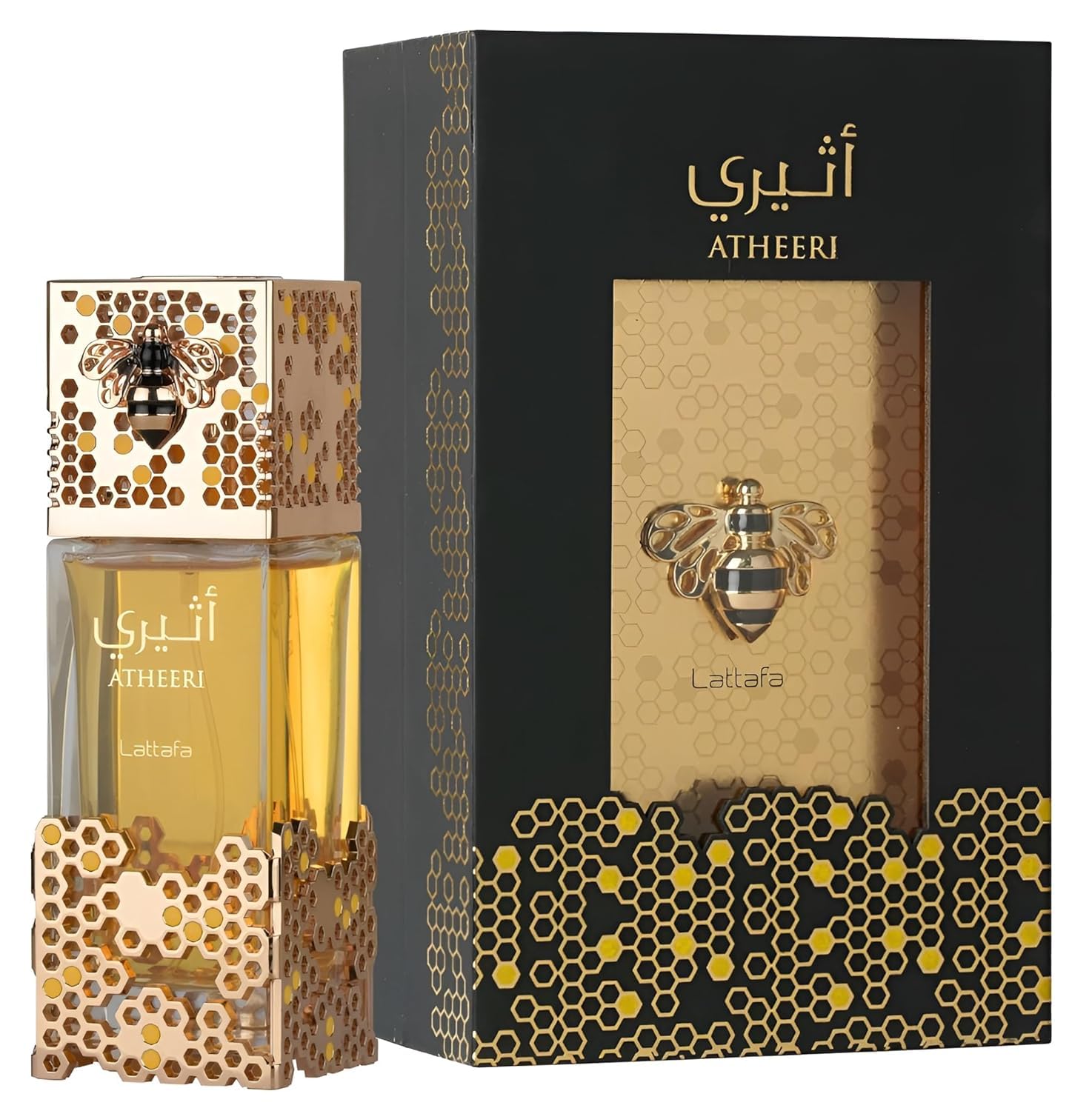 Lattafa Atheeri unisex perfume spray showing the detailed bee emblem on the golden cap