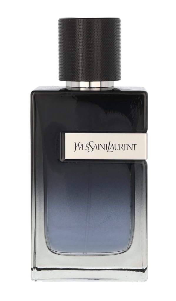 Side angle view of the YSL Y Eau de Parfum 100 ml spray bottle highlighting the modern masculine luxury packaging.