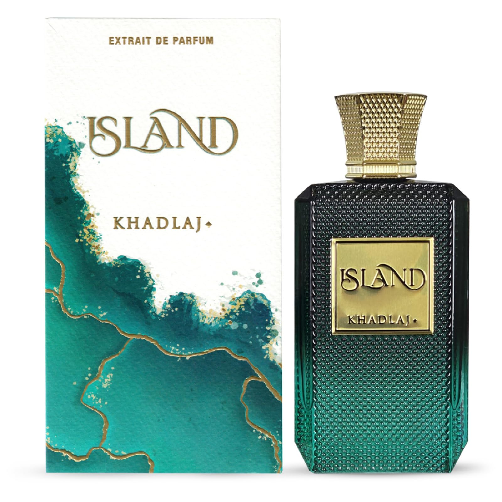 Khadlaj Island 100ml perfume bottle in textured emerald green glass